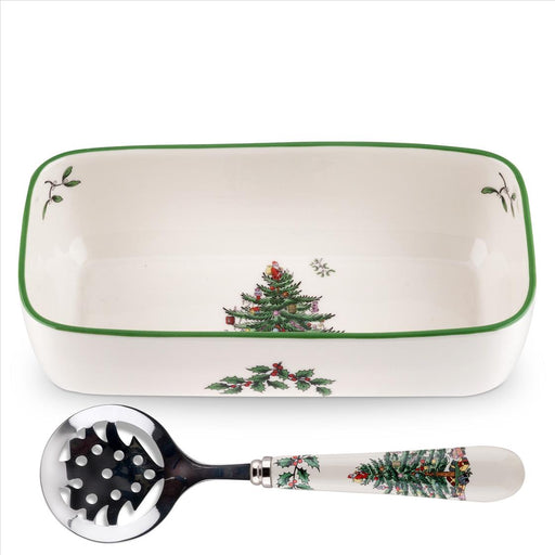 Spode Christmas Tree Cranberry Server With Slotted Spoon - Bear Country Kitchen