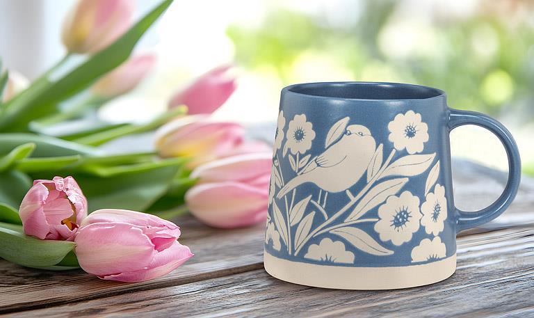 Abbott Wide Base Mug Maple Leaves & Bird Blue
