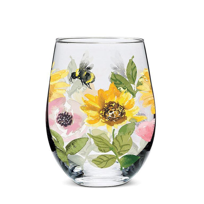 Abbott Stemless Wine Glass Sunflowers & Bees - Bear Country Kitchen