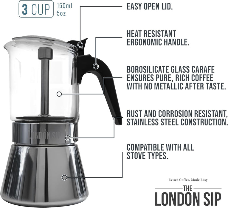 The London Sip Stainless Steel Espresso Maker - Glass Carafe 6 Cup - Bear Country Kitchen