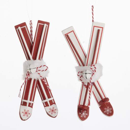 Silver Tree Ornament Painted Wood Skis and Pole - Bear Country Kitchen