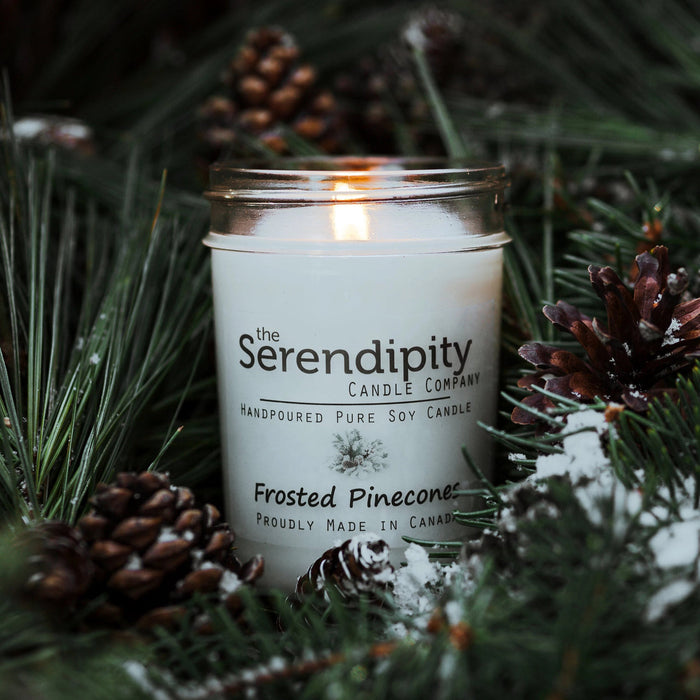 The Serendipity Soy Candle Company 8 Oz Mason Jar Candle Frosted Pinecones - Bear Country Kitchen