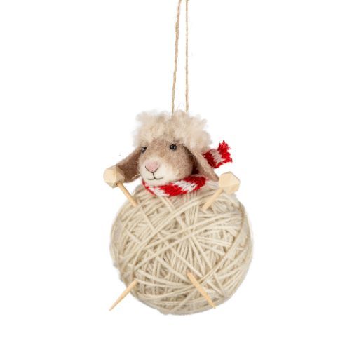 Silver Tree Ornament Felt Ball Of Yarn Sheep With Knitting Kneedles - Bear Country Kitchen