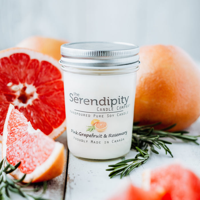 The Serendipity Soy Candle Company 8 Oz Mason Jar Candle Pink Grapefruit & Rosemary - Bear Country Kitchen