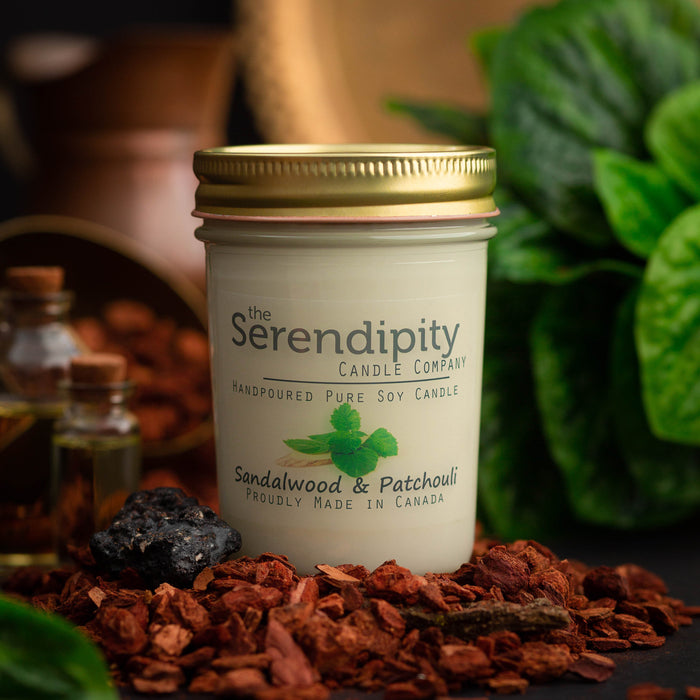 The Serendipity Soy Candle Company 8 Oz Mason Jar Candle Sandalwood & Patchouli - Bear Country Kitchen