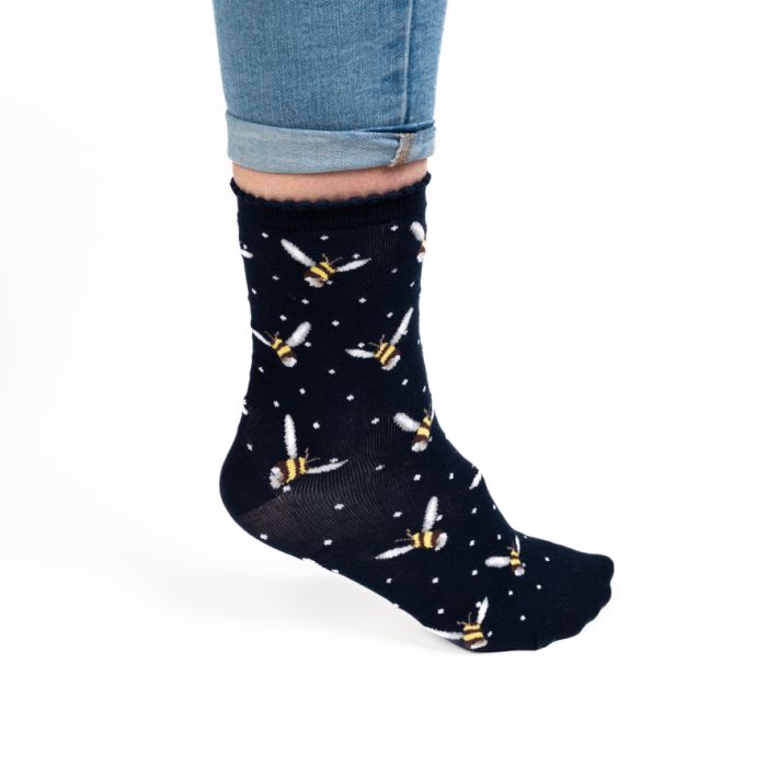 Wrendale Women's Bamboo Sock Busy Bee Navy