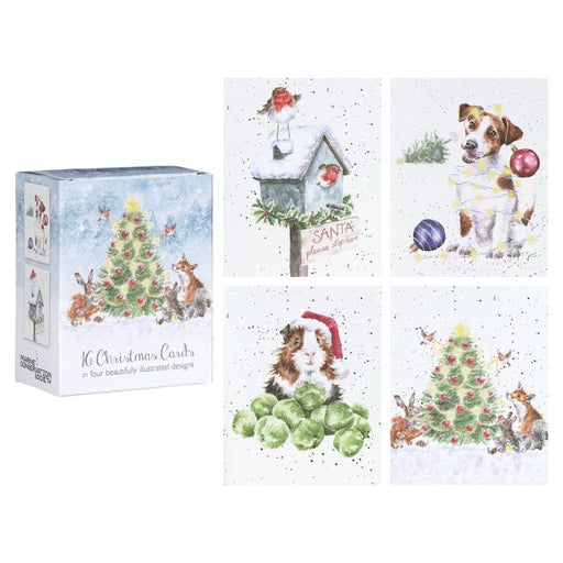 Wrendale Mini Christmas Card Pack Of 16 "Christmas Party" - Dog, Robin, Guinea Pig, Christmas Tree - Bear Country Kitchen