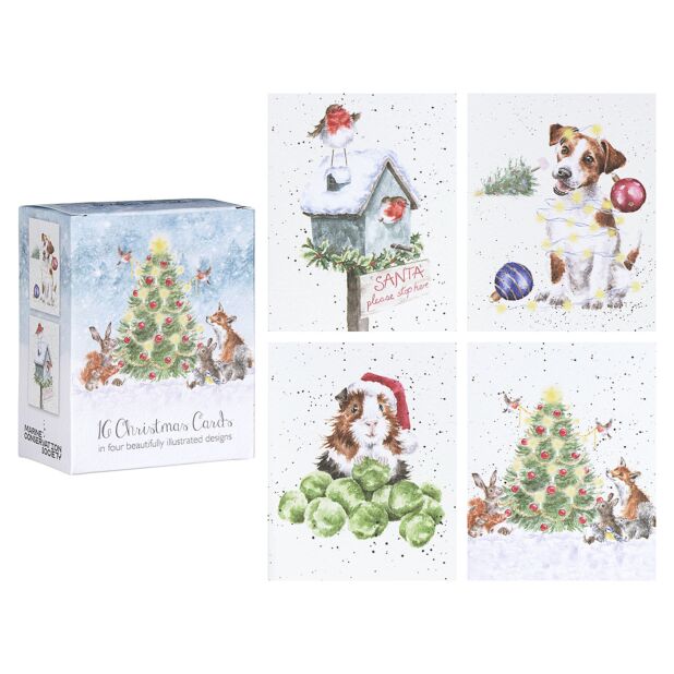 Wrendale Mini Christmas Card Pack Of 16 "Christmas Party" - Dog, Robin, Guinea Pig, Christmas Tree - Bear Country Kitchen