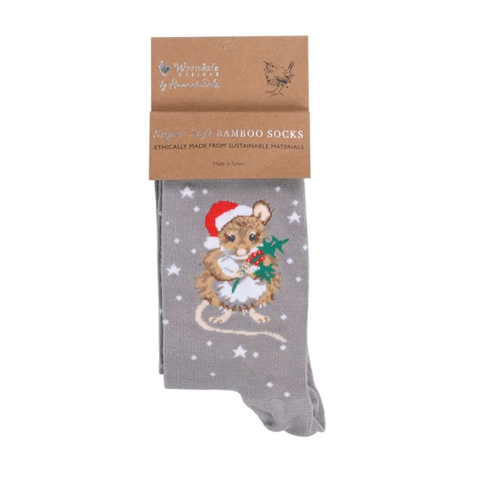 Wrendale Womens Bamboo Socks Christmouse (Grey) - Bear Country Kitchen